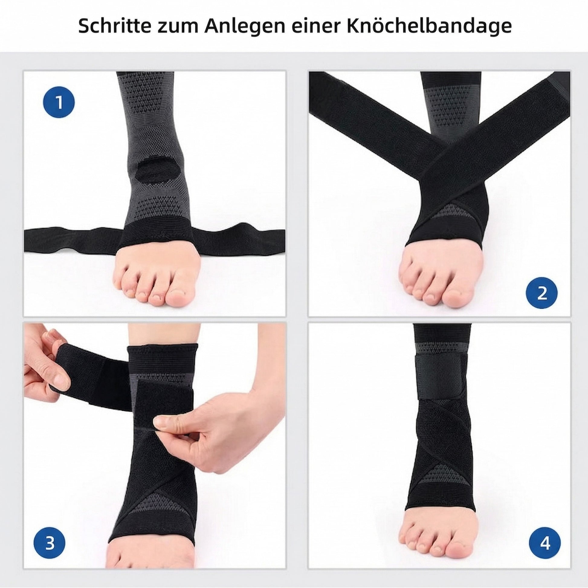 Eine vierteilige Bildanleitung zeigt in nummerierten Schritten das Anlegen einer Knöchelbandage. Zuerst wird die Sockenbandage über den Fuß gezogen, danach werden die beiden elastischen Riemen über dem Spann gekreuzt, um den Knöchel gewickelt und abschließend mit den Klettverschlüssen für einen stabilen Sitz fixiert.