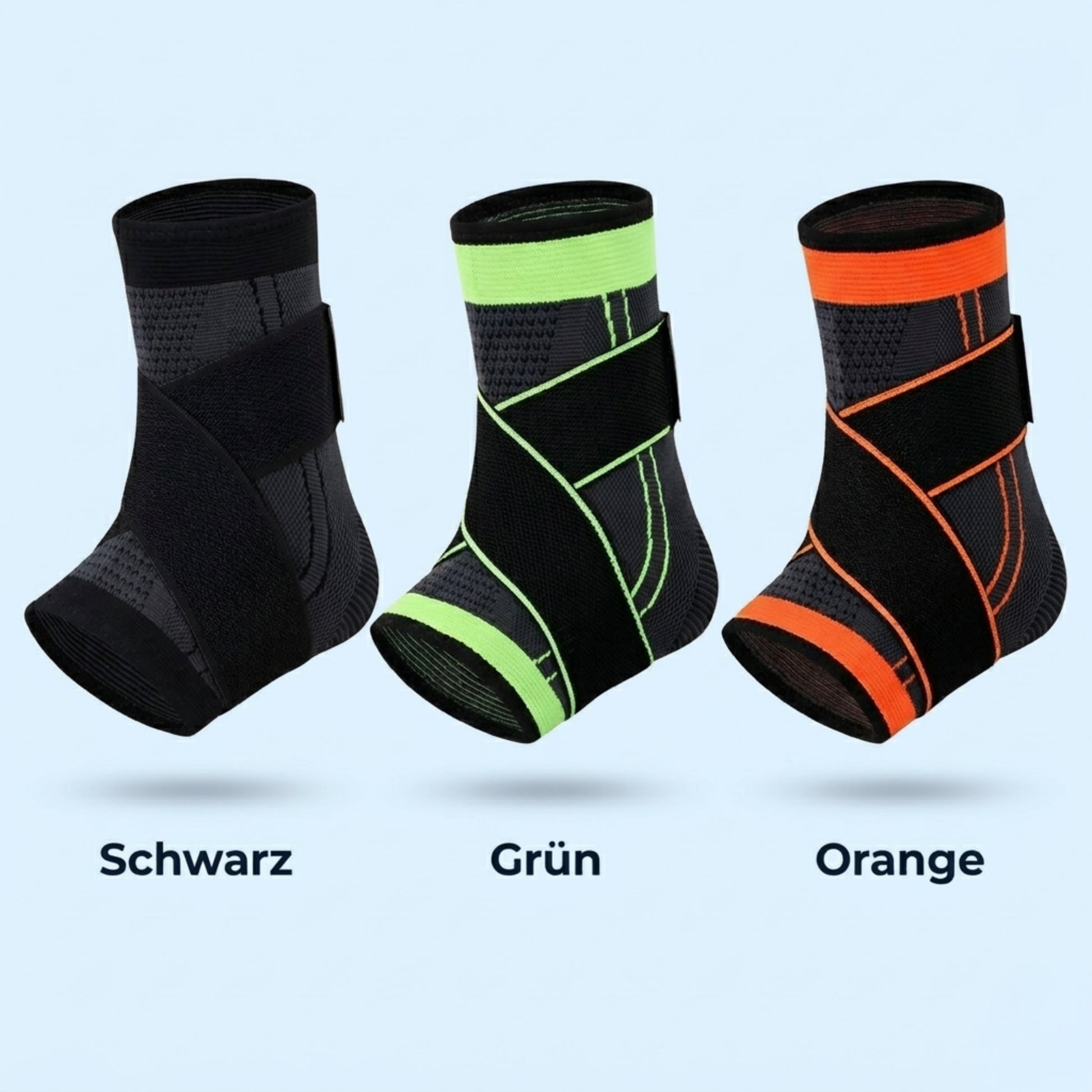 Drei Knöchelbandagen in den Farbvarianten Schwarz, Grün und Orange werden nebeneinander präsentiert. Alle Modelle zeigen das dunkle 3D-Strickgewebe mit den charakteristischen schwarzen Kreuzgurten zur Stabilisierung, wobei die Varianten Grün und Orange jeweils farbige Akzente an den Säumen und Nähten aufweisen.